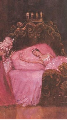 a painting of two women in pink dresses laying on a bed