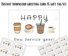 a happy new service year card with coffees and cups on it, next to the words happy new service year