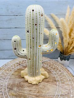 a cactus sitting on top of a wooden table