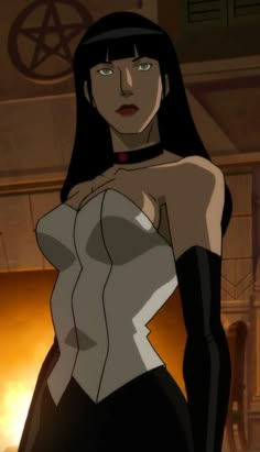 an animated woman standing in front of a fire place with her hands on her hips