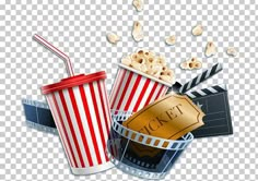 popcorn buckets and filmstripe with popcorn on the table transparent background png clipart