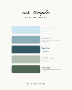 the color palette for air temple is shown in shades of blue, green and grey