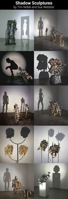 the shadow sculpture is shown in multiple different positions, including shadows and silhouettes on it