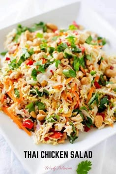 thai chicken salad on a white plate with cilantro