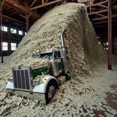 a large truck is loaded with gravel in an industrial building that looks like it could be used as a construction site