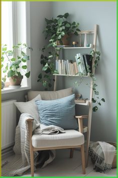 a living room with bookshelves and plants on the wall next to a chair