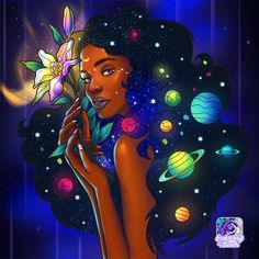 a painting of a woman holding a flower in front of her face with planets around her