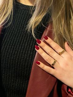 Hailey Bieber Red Nails, Dark Red Nails Christmas, Almond Nails Maroon, Opi Dark Red Nail Polish, Holiday Nails Dark, Dark Red Almond Nails Designs, Almond Nails Dark Red, Wine Nail Ideas, Maroon Red Nails