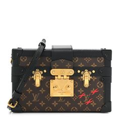 This is an authentic LOUIS VUITTON Monogram Petite Malle in Black. This trunk-style bag is crafted of Louis Vuitton monogram on coated canvas. The bag features black leather trim, an optional, adjustable black leather shoulder strap, and crossover top flap with gold-toned press lock and buckles on either side. The corners are reinforced with black hardware end caps. The bag opens to a beige leather interior with a patch pocket. Crossover Top, Black Hardware, Leather Interior, Leather Trim, Authentic Louis Vuitton, Leather Trims, Crossover, Patch Pocket, Louis Vuitton Monogram