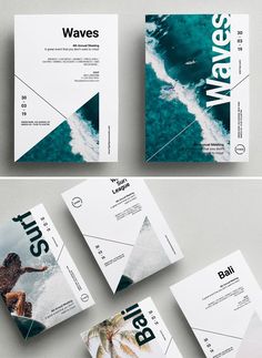 three different brochures are shown on the same page, each with an image of a surfer