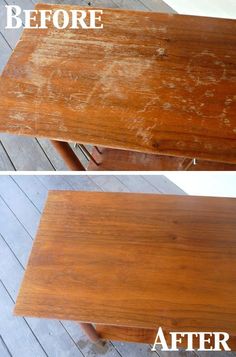 before and after pictures of an old wooden table with peeling paint on the wood top