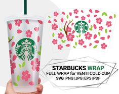 starbucks cup wrapper with pink flowers on it and the words starbucks wrap for venti cold cups