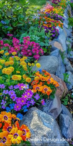 many colorful flowers growing on the side of a rock wall in a garden with green grass and trees