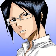 an anime character with glasses and a long black hair is looking at the camera while wearing a white shirt