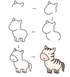 how to draw a zebra and horse step by step drawing for kids, easy steps with pictures