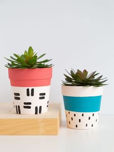 two potted plants sitting next to each other on a wooden stand, one painted with black and white dots