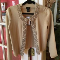 Gorgeous Evie Jacket!! Beautiful Jeweled Trim 55% Silk Chic Holiday Outerwear, Classic Spring Outerwear For Party, Classic Spring Evening Outerwear, Classic Evening Outerwear For Spring, Spring Evening Cardigan, Spring Evening Beige Outerwear, Beige Evening Outerwear For Spring, Checks, Coats Jackets