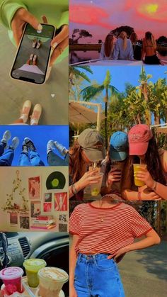 collage of people taking pictures with their cell phones and drinking beverages in front of them