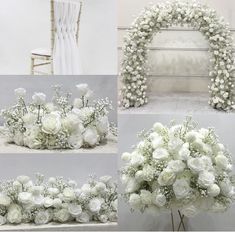 white flowers and greenery are arranged on the floor