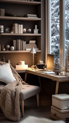 a room with a desk, bookshelf and christmas trees in the window sill