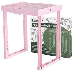 a pink plastic shelf with instructions for the locker shelving system in front of it