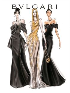 three women in evening gowns, one wearing a gold and black dress