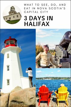 the lighthouse is surrounded by colorful chairs and people standing near it with text that reads what to see do and eat in north scotland's capital, 3 days in halifax