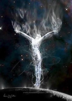 an artistic image of a person with their arms spread out in the air, surrounded by stars