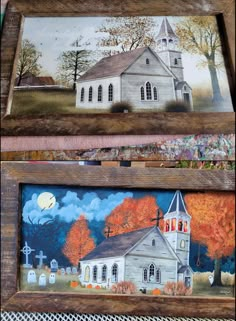 three framed pictures with paintings on them in different colors and sizes, each depicting a church