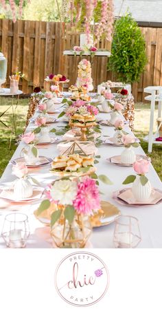 a long table covered in plates and desserts with flowers on it's tables