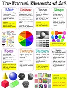 the formal elements of art poster with different colors and shapes, including text on it