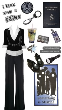 a woman's outfit and accessories are arranged in the shape of a mannequin