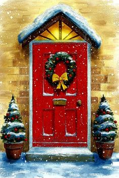 a painting of a red door decorated for christmas