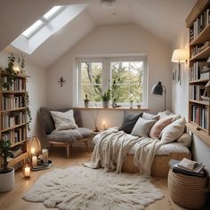 a living room filled with lots of furniture and bookshelves next to a window