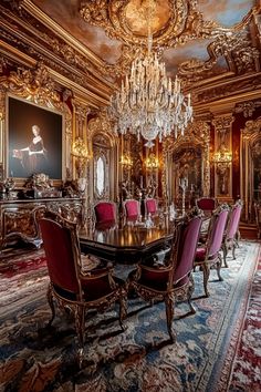 an ornate dining room with chandelier and red chairs in the middle of it