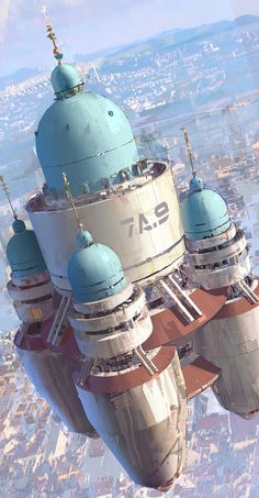 an airplane flying over a large city with tall buildings on it's sides and blue domes