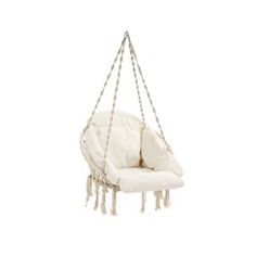 a white hanging chair with tassels on the bottom and back ends, in front of a white background