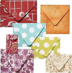 six envelopes with different designs on them