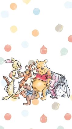 winnie the pooh and friends are standing in front of some polka dot dots on a white