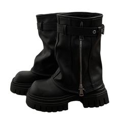 Aesthetic boots with a high shaft, large platform, and metal strap detail, accented with a side zipper Material: Vegan Leather Run small, please review the sizing information Aesthetic Boots, Tabi Boots, Tabi Shoes, Most Comfortable Shoes, Metal Straps, Aesthetic Shoes, Chunky Boots, Shoes Shop, Boots Black