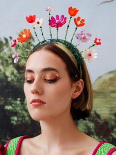 Our headpieces are made-to-order and will be dispatched within 4 weeks. Headpieces with non-standard options & custom engraving cannot be returned or exchanged unless faulty. This playful and unique floral headpiece is perfect for your wildest outfits at festivals, weddings or anywhere you want to be noticed. Named after Millais' painting of Ophelia in the river.⁠ Colourful hand-sculpted flowers with beaded stems grow from a band made of wood and recycled acrylic. Held securely by two large comb Headpieces Diy, Elegant Handmade Festival Headpiece, Diy Headpiece, Adjustable Flower Headpieces For Festivals, Whimsical Festival Party Headpieces, Festival Handmade Flower Headpiece, Festival Handmade Flower Headband, Pijama Party, Wild Outfits