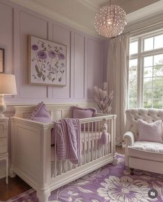 Purple And Grey Nursery Girl, Periwinkle Nursery Gender Neutral, Light Purple Baby Nursery, Baby Girl Room Color Ideas, Tangled Nursery Theme Rapunzel, Baby Girl Princess Nursery, Hello Kitty Nursery Ideas Baby, Lilac Nursery Ideas, Light Purple Nursery Girl