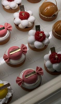 there are many cupcakes on display in the case with bows and ribbons around them