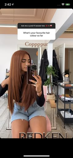 Summer Hair Color For Brown Skin Latina, Redbrownhair Color, Rust Brown Hair, Ginger Hair Tan Skin, Brunette Ginger Hair, Hair Color Ideas For Brown Eyes, Medium Golden Copper Hair, Unique Summer Hair Color, Ginger Hair On Tan Skin