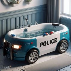 a police car shaped bath tub in a bathroom