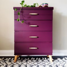 a purple chest of drawers with plants on top