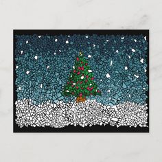 a card with a christmas tree in the middle of it and snow on the ground