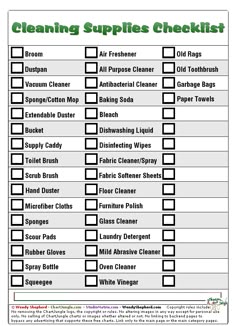 cleaning supplies checklist is shown in this printable form for the homeowner