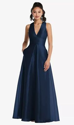 Plunging Neckline Pleated Skirt Maxi Bridesmaid Dress With Pockets In Midnight Navy | The Dessy Group Formal Dresses With Pockets, Elegant V-neck Maxi Dress With Pockets, Party Dress With Pockets And V-neck, Sleeveless Organza Maxi Dress For Formal Events, Sleeveless Organza Maxi Dress For Formal Occasions, Formal Sleeveless Organza Maxi Dress, Party Maxi Dress With Pockets, Elegant Sleeveless Maxi Dress With Pockets, Elegant Blue Maxi Dress With Pockets