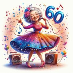 a woman in a colorful dress is dancing with her hands up and music notes around her